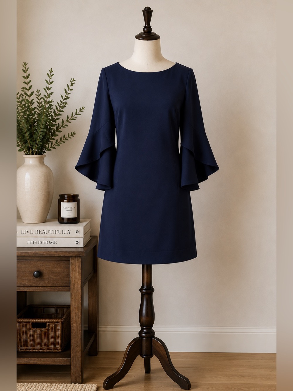Vince Camuto Navy Blue Bell Sleeve Shift Cocktail Dress Size 4